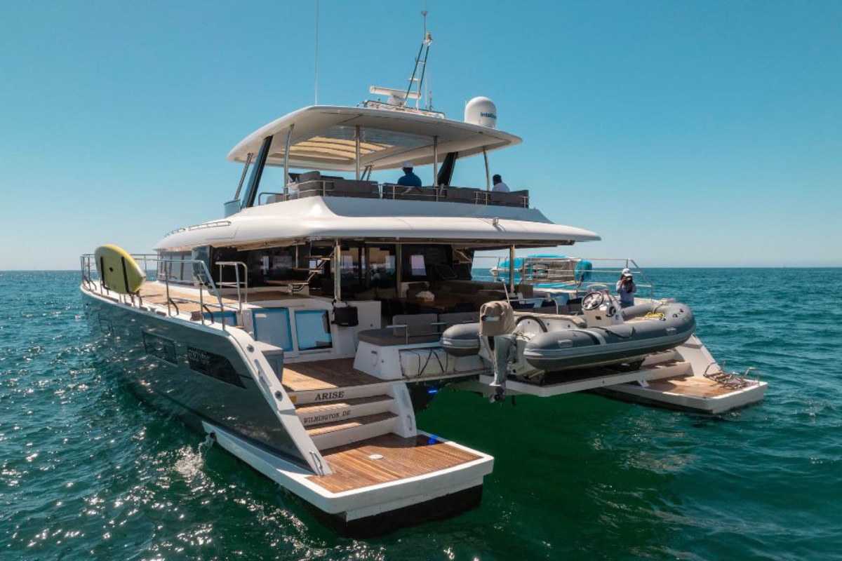 Swim platform and aft deck of a luxury Cabo charter catamaran
